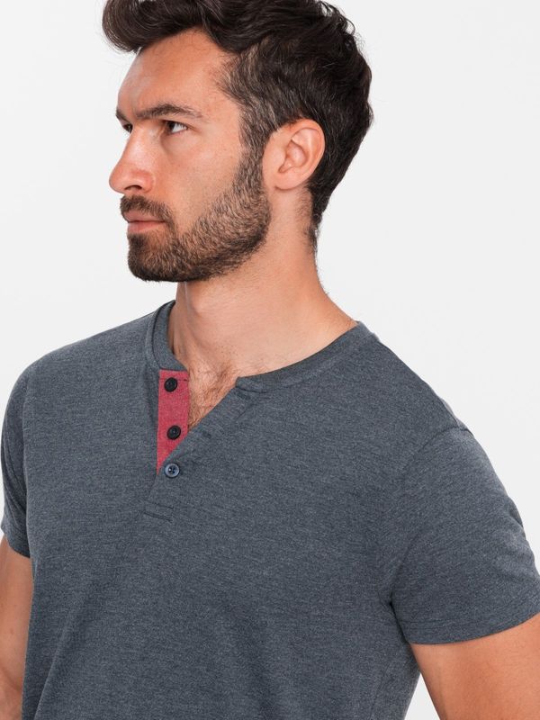 Ombre Ombre Men's T-shirt with unbuttoned round henley neckline - navy blue