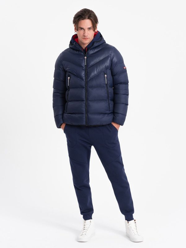 Ombre Ombre Men's winter quilted jacket of combined materials - navy blue