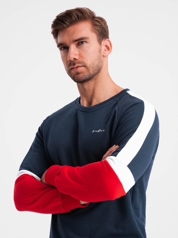 Ombre Ombre Tri-color men's sweatshirt with raglan sleeves - navy blue