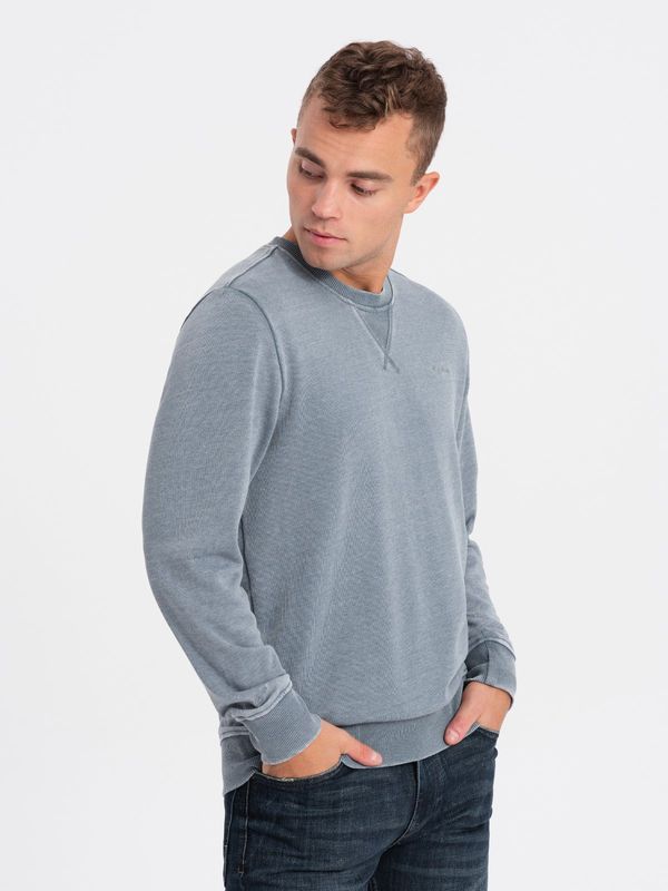 Ombre Ombre Washed men's sweatshirt with decorative stitching at the neckline - light blue