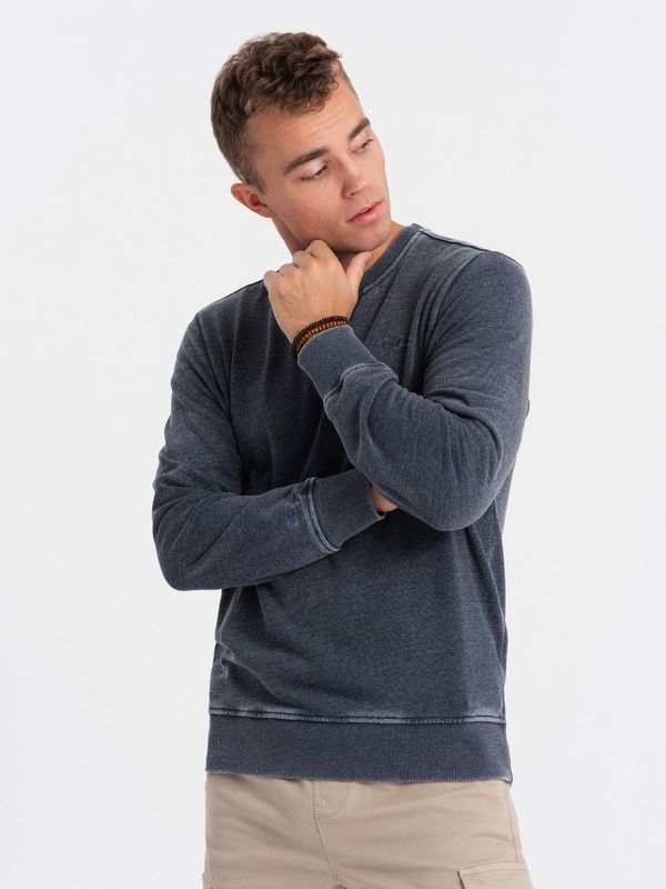 Ombre Ombre Washed men's sweatshirt with decorative stitching at the neckline - navy blue