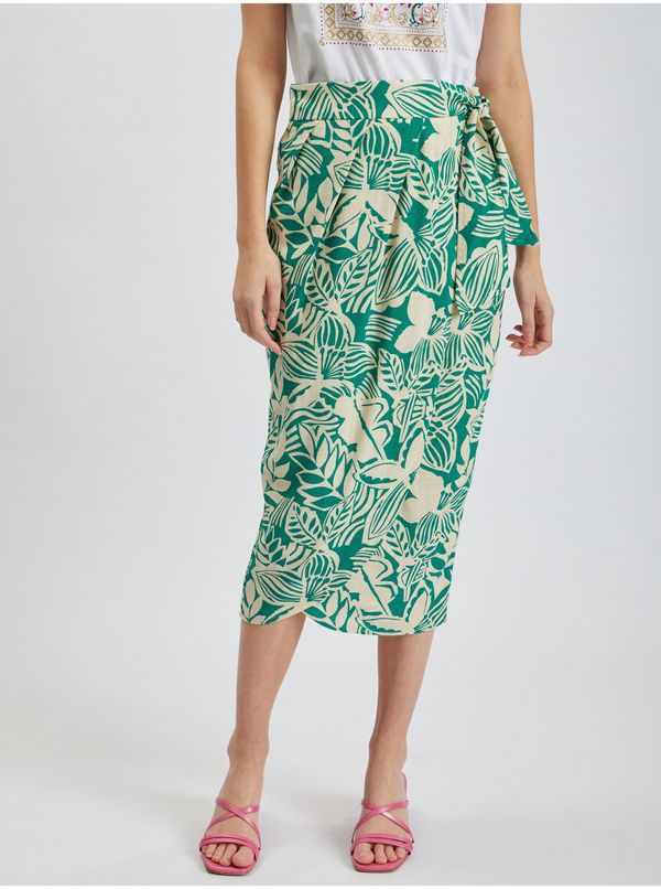 Orsay Orsay Cream-Green Ladies Patterned Wrap Midi Skirt with Linen - Women