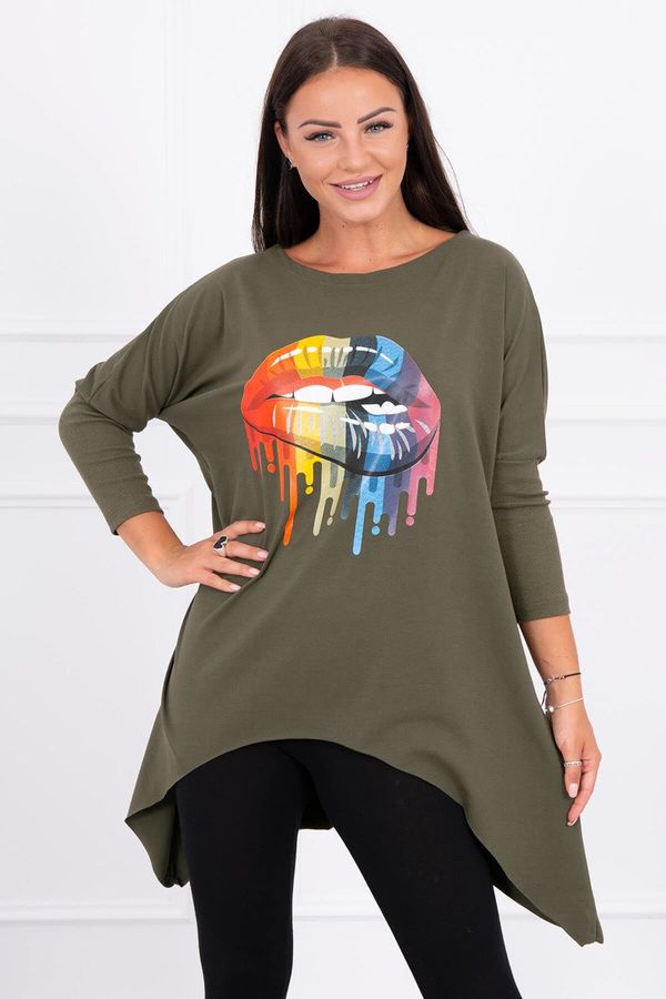 Kesi Oversize blouse with khaki rainbow lips print