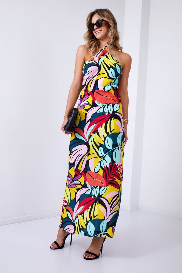 FASARDI Patterned maxi dress with black tie around the neck