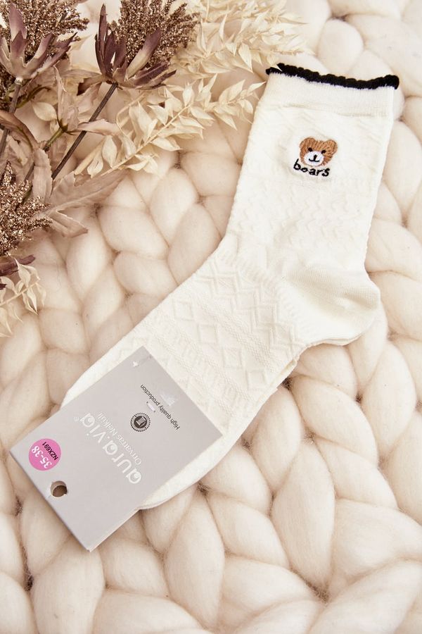 Kesi Patterned socks for women with teddy bear, white
