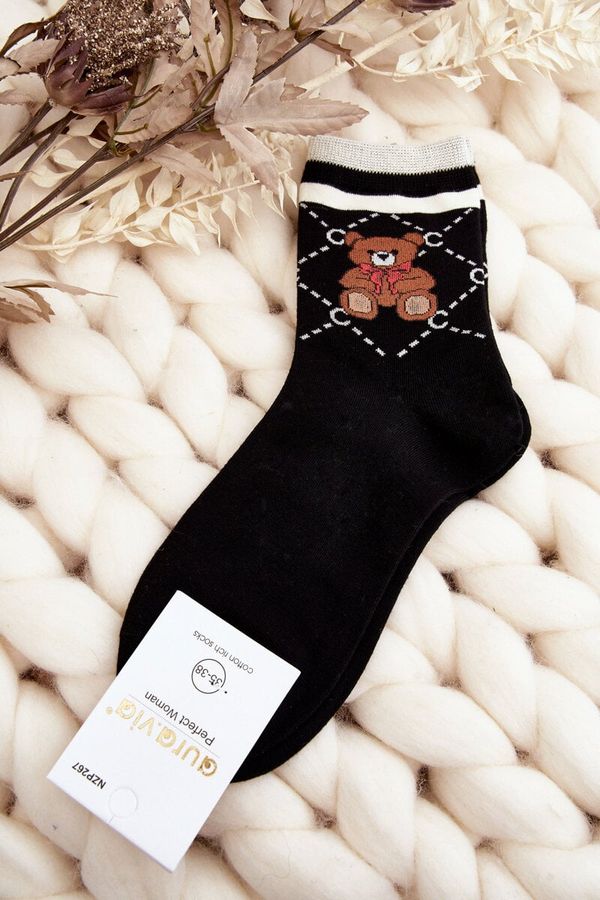 Kesi Patterned Women's Socks With Teddy Bears, Black
