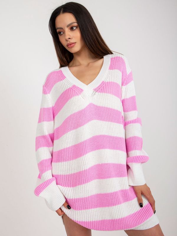 Fashionhunters Pink and ecru striped oversize sweater