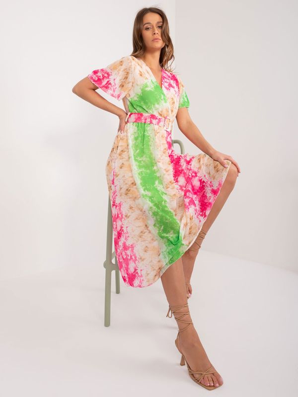 Fashionhunters Pink and green women's dress with short sleeves