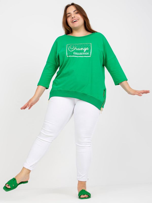 Fashionhunters Plus size green blouse with patch and printed design