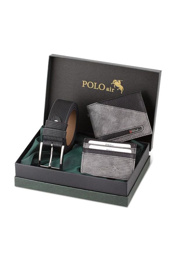Polo Air Polo Air Men's Gray Black Belt Wallet Card Holder Combination Set
