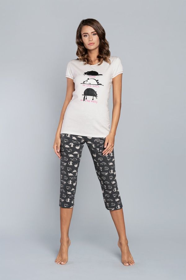 Italian Fashion Pyjamas Dima with short sleeves, 3/4 pants - ecru print/dark melange