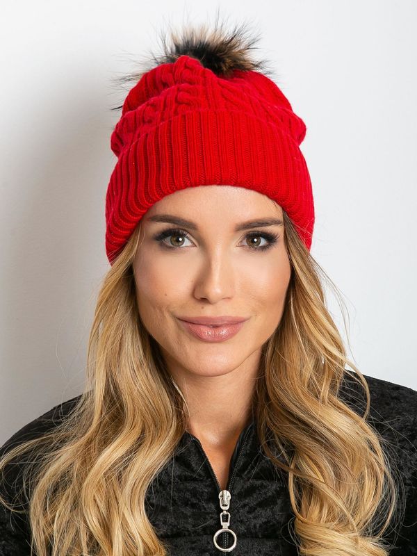 Fashionhunters Red cap with hem and fur pompom