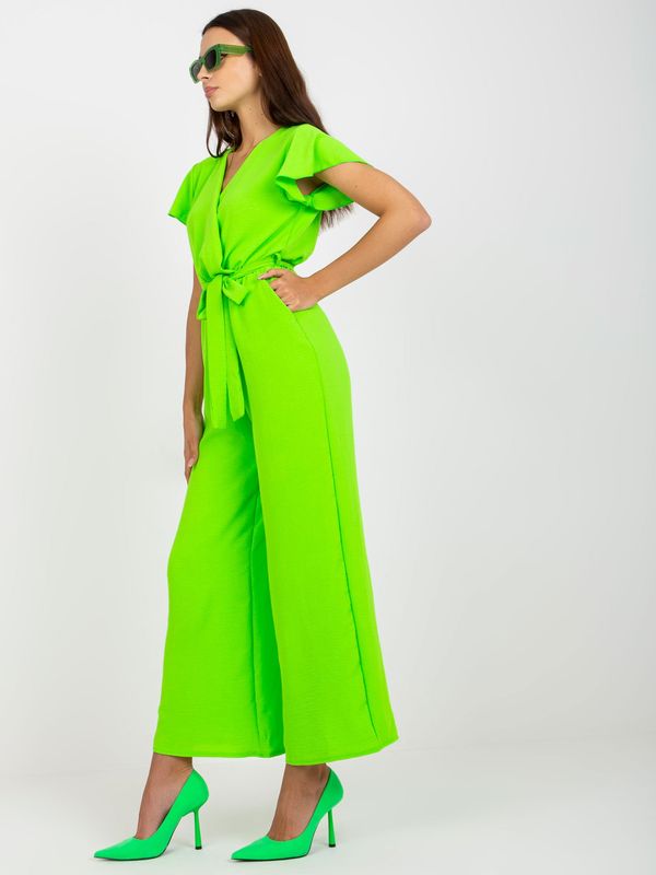 Fashionhunters RUE PARIS fluo green jumpsuit with wide legs and short sleeves