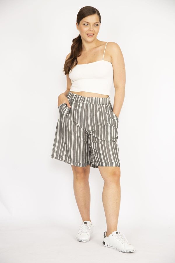 Şans Şans Women's Anthracite Plus Size Striped Linen Woven Fabric Elastic Waist Pocket Shorts