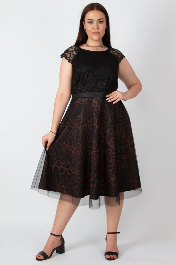 Şans Şans Women's Black Dress with Lace Skirt on the Outside and Tulle on the Inside with Leopard Pattern Detail