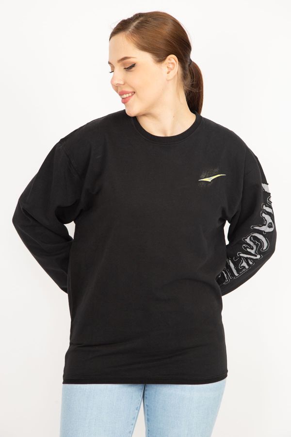 Şans Şans Women's Black Large Size Cotton Fabric Sleeve Detailed Sweatshirt
