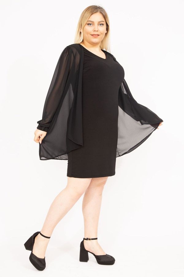Şans Şans Women's Black Plus Size Chiffon Cape Cuff Stone Detailed Dress