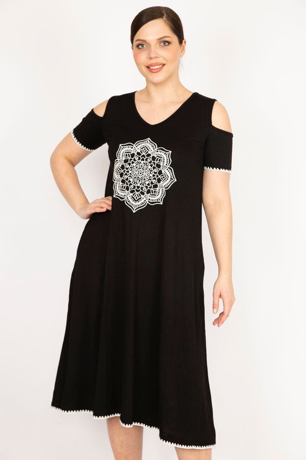 Şans Şans Women's Black Plus Size Decollete Decollete Black Embroidered Dress