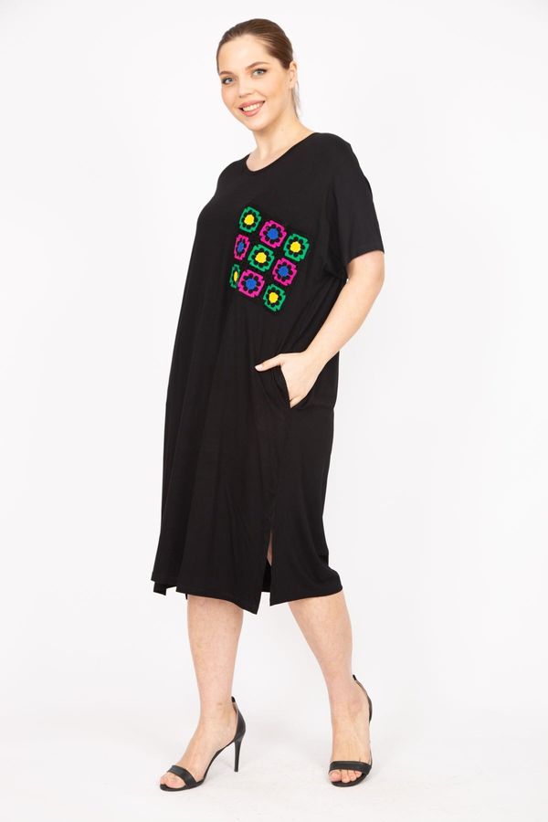 Şans Şans Women's Black Plus Size Embroidery Detailed Low Sleeve Dress