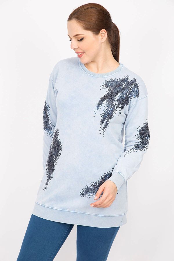Şans Şans Women's Blue Large Size Sequin Detailed Sweatshirt