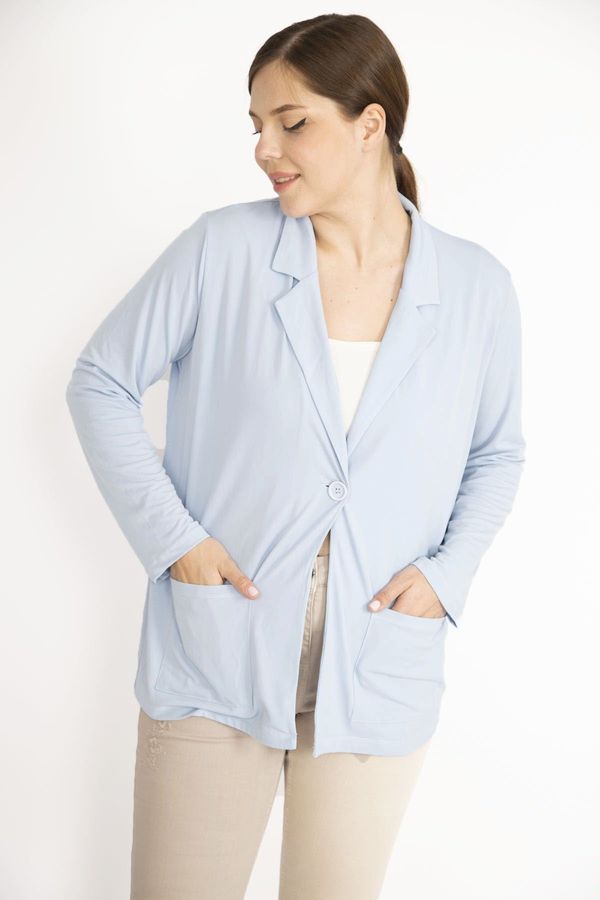 Şans Şans Women's Blue Plus Size Single Button Unlined Pocket Cardigan