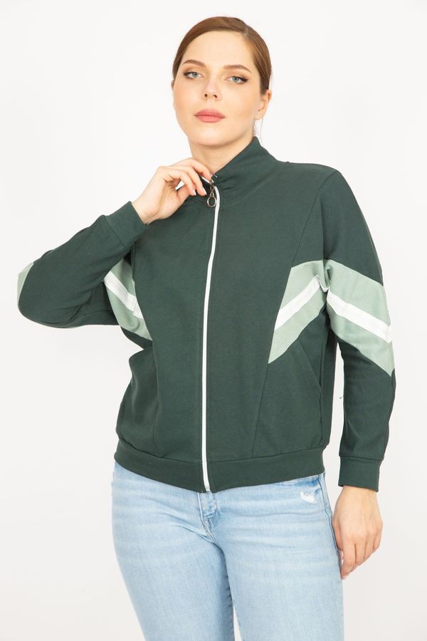 Şans Şans Women's Colorful Large Size 2 Thread Fabric Front Zipper and Stripe Detailed Sweatshirt