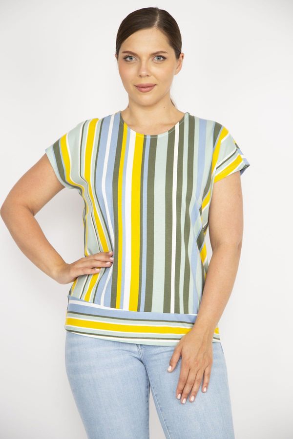 Şans Şans Women's Colorful Large Size Cotton Fabric Low Sleeve Striped Blouse