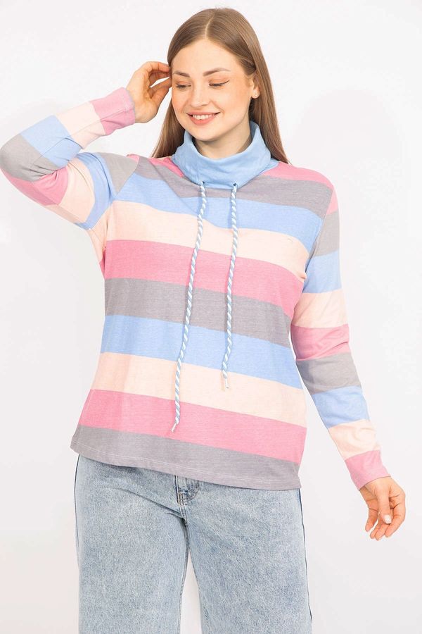 Şans Şans Women's Colorful Plus Size Cotton Fabric Collar Detailed Colorful Blouse