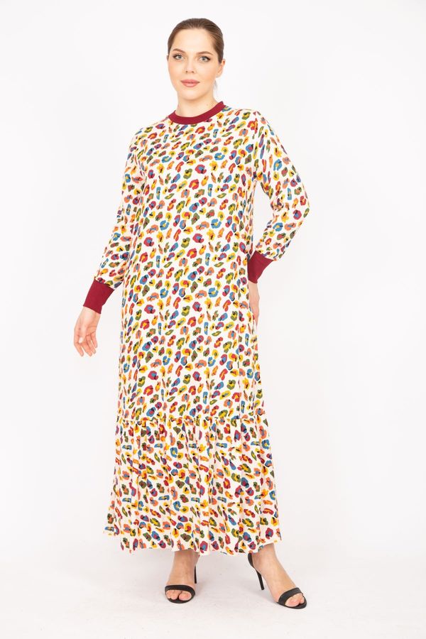Şans Şans Women's Colorful Plus Size Long Dress From Woven Viscose Fabric with Ribbed Collar And Arms