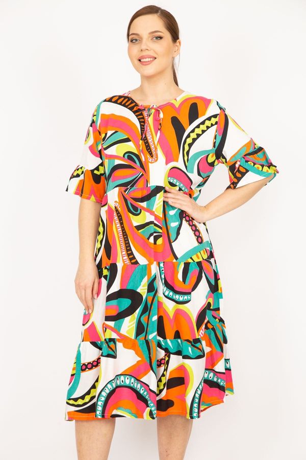 Şans Şans Women's Colorful Plus Size Woven Viscose Fabric Layered Dress