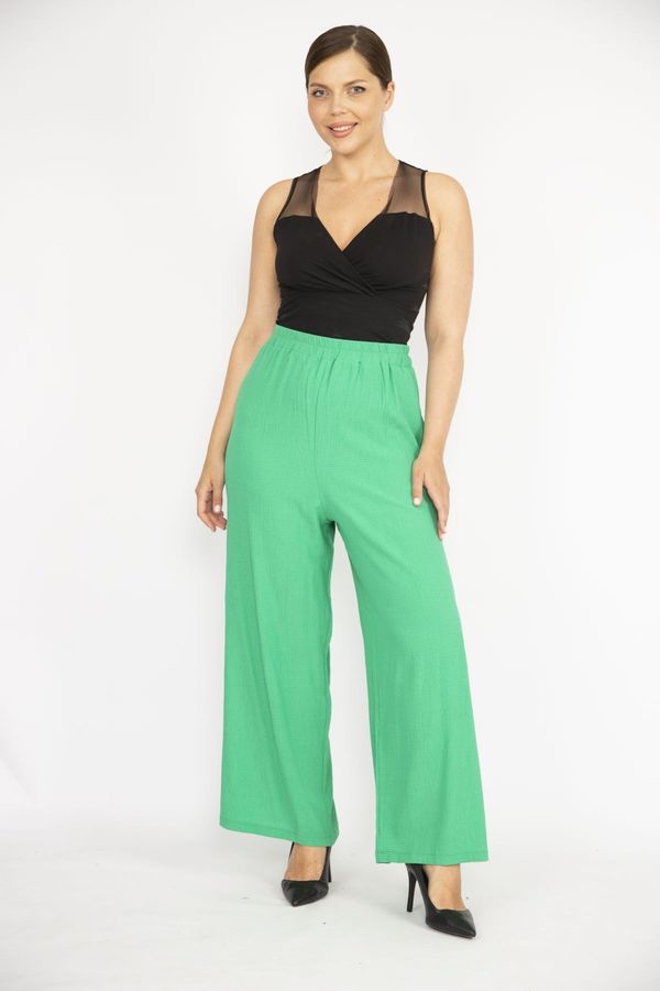 Şans Şans Women's Green Plus Size Elastic Waist Wide Leg Aerobin Fabric Trousers