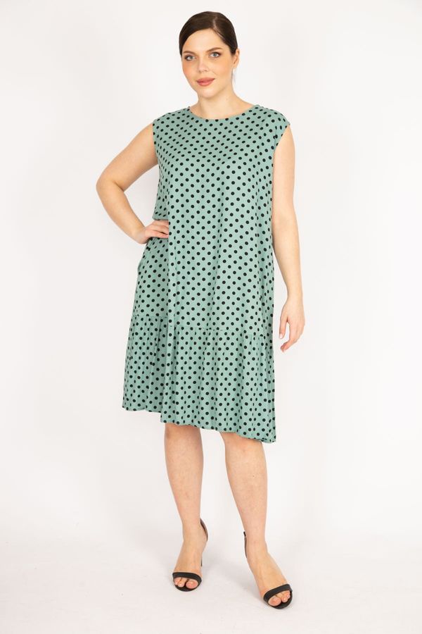 Şans Şans Women's Green Plus Size Point Pattern Woven Viscose Fabric Layered Dress