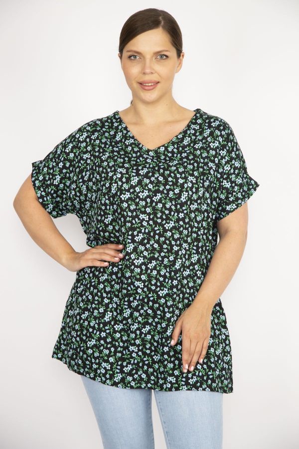 Şans Şans Women's Green Plus Size Woven Viscose Fabric Floral Pattern Side Pockets Double Sleeve Blouse