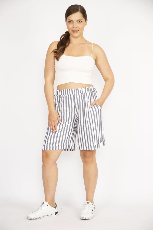 Şans Şans Women's Indigo Plus Size Striped Linen Woven Fabric Elastic Waist Pocket Shorts