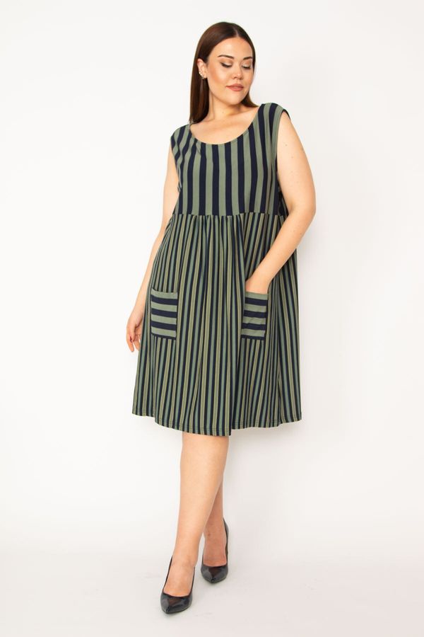 Şans Şans Women's Khaki Plus Size Stripe Combined Pocket Dress