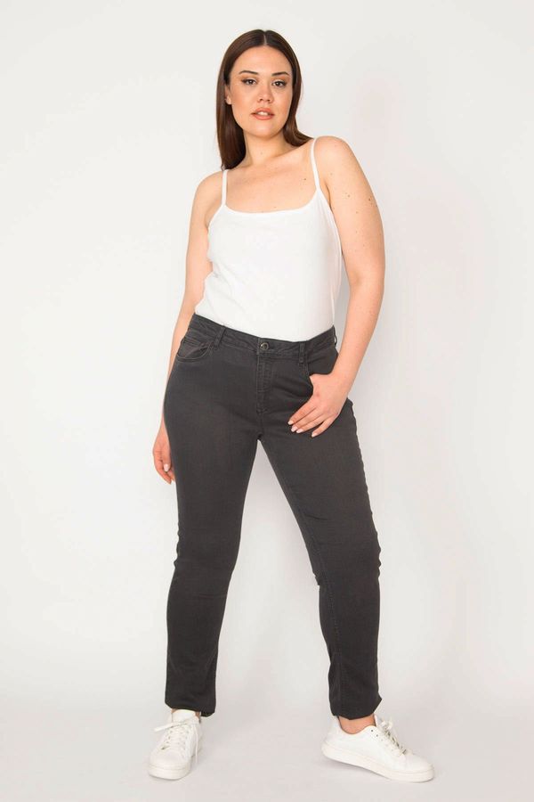 Şans Şans Women's Large Size Anthracite 5 Pocket Lycra Jean Trousers