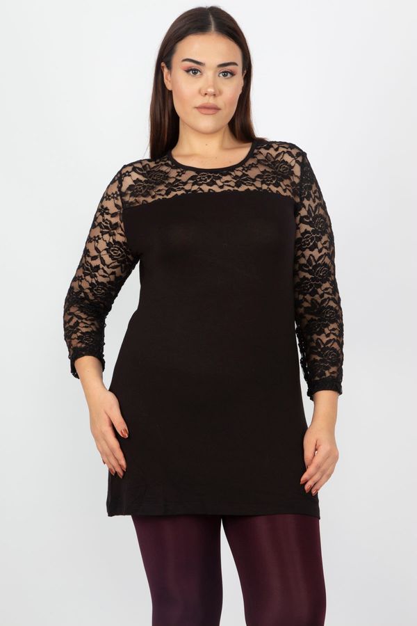 Şans Şans Women's Large Size Black Lace Detailed Blouse