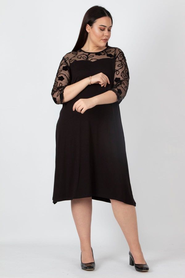 Şans Şans Women's Large Size Black Lace Detailed Dress