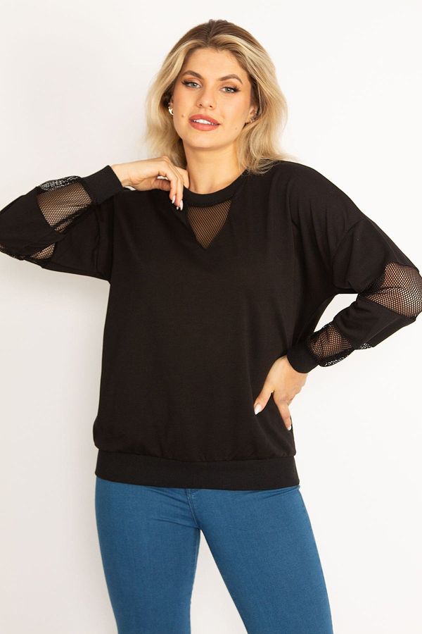 Şans Şans Women's Large Size Black Mesh Detailed Sweatshirt
