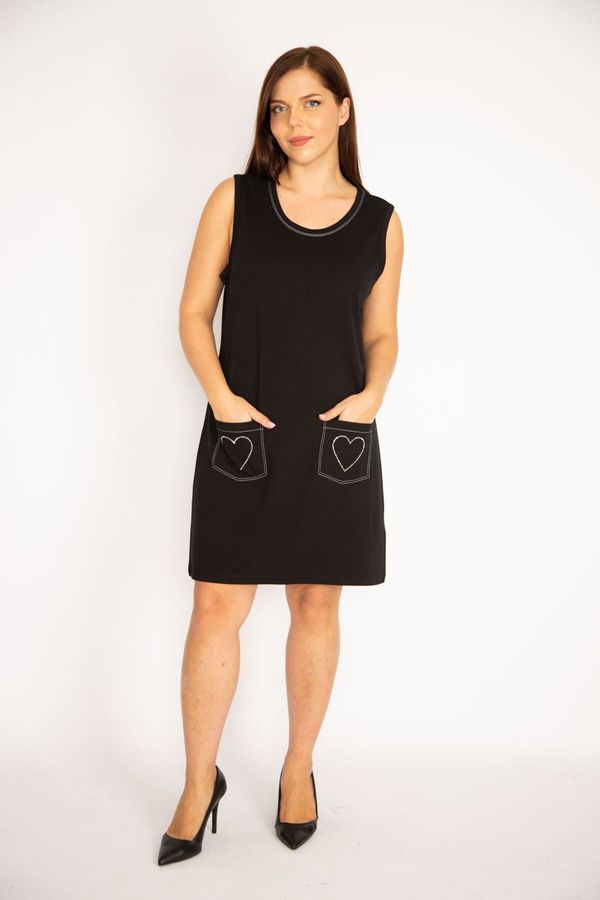 Şans Şans Women's Large Size Black Pockets Stone Detailed Contrast Stitched Dress