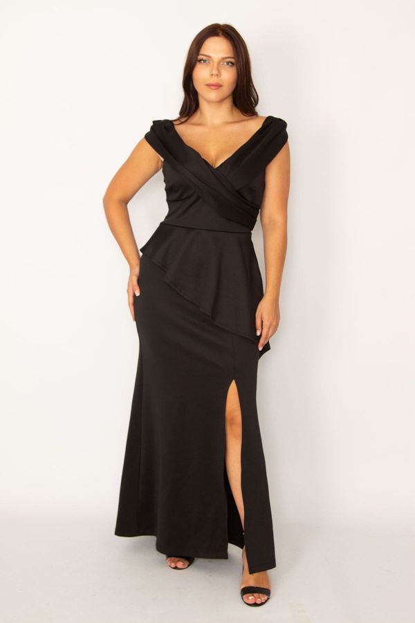 Şans Şans Women's Large Size Black Wrap Neck Waist Part Flounce Front Slit Long Evening Dress