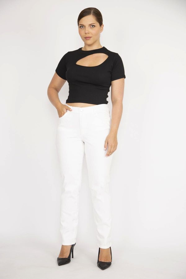 Şans Şans Women's Large Size Bone High Waist Side Belt Elastic Lycra 5 Pocket Jeans