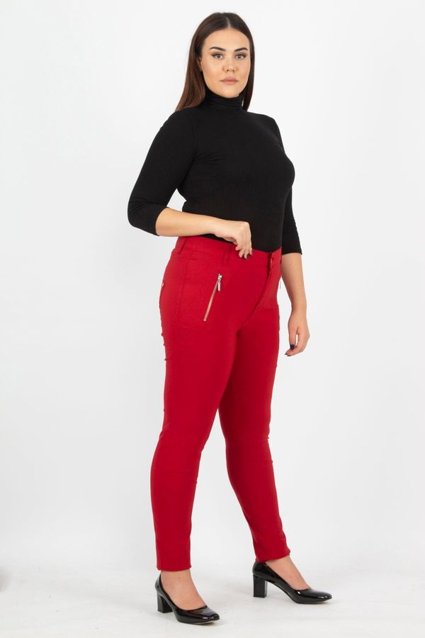 Şans Şans Women's Large Size Claret Red Zipper Detailed Trousers
