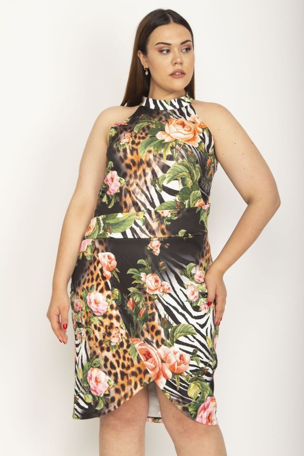 Şans Şans Women's Large Size Colorful Halter Collar Skirt Closed Wrap Floral Print Dress