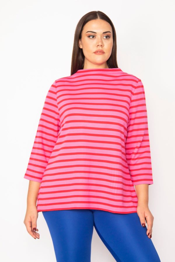 Şans Şans Women's Large Size Fuchsia High Collar Capri Sleeve Striped Blouse