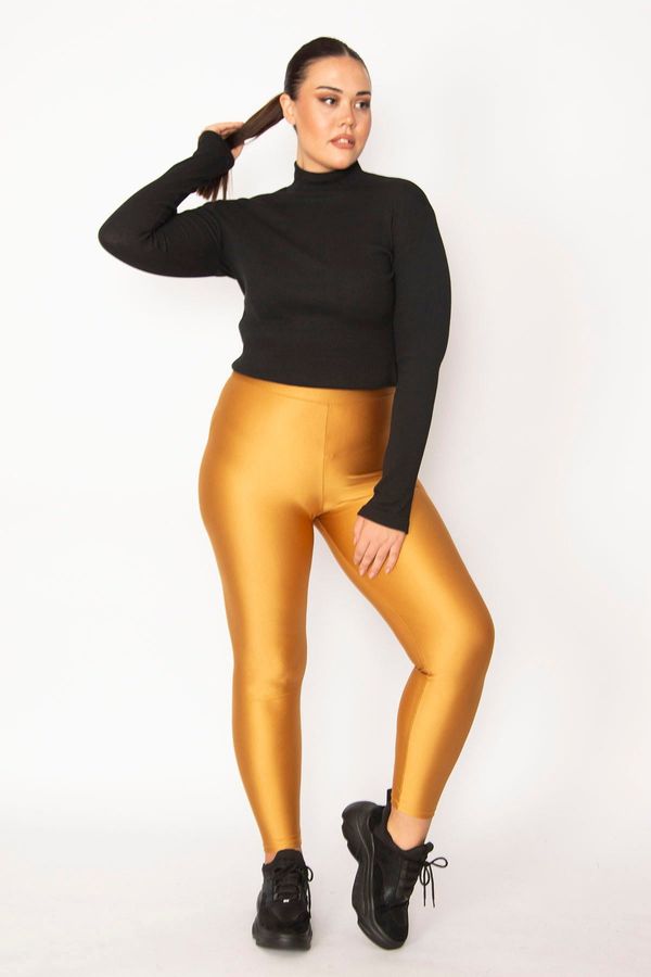 Şans Şans Women's Large Size Gold High Waist Spandex Fabric Gathering Shiny Disco Tights