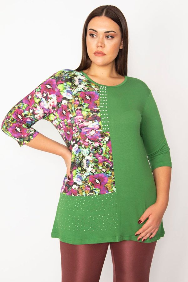 Şans Şans Women's Large Size Green Pearl and Print Detailed Capri Sleeve Tunic
