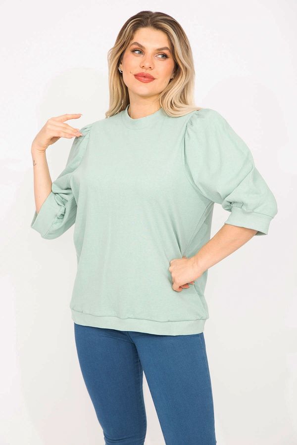 Şans Şans Women's Large Size Green Scalloped Capri Sleeves Sweatshirt