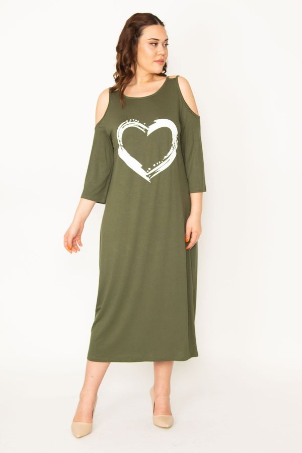 Şans Şans Women's Large Size Khaki Shoulder Low-cut Front Printed Dress