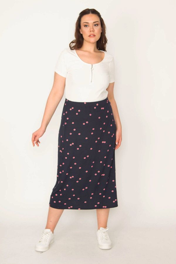 Şans Şans Women's Large Size Navy Blue Elastic Waist Patterned Skirt
